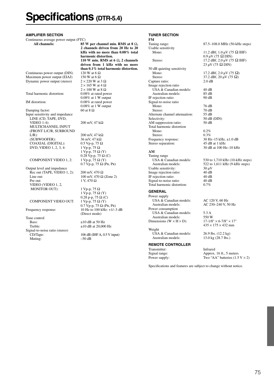 Specifications, Dtr-5.4) | Integra DTR-6.4/5.4 User Manual | Page 75 / 80