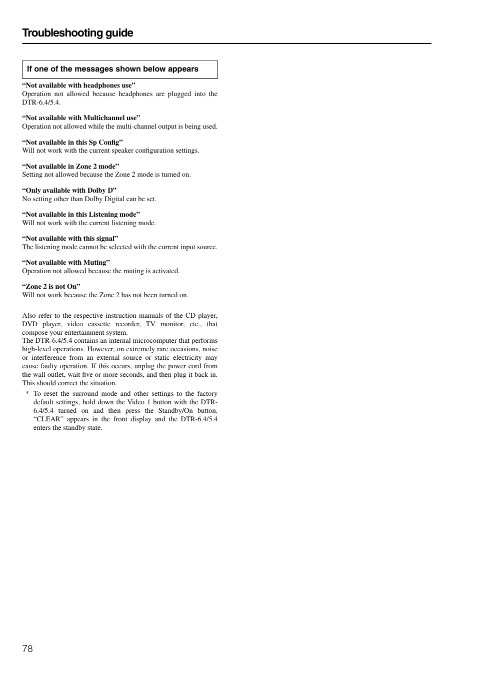 Troubleshooting guide | Integra DTR-6.4/5.4 User Manual | Page 78 / 80