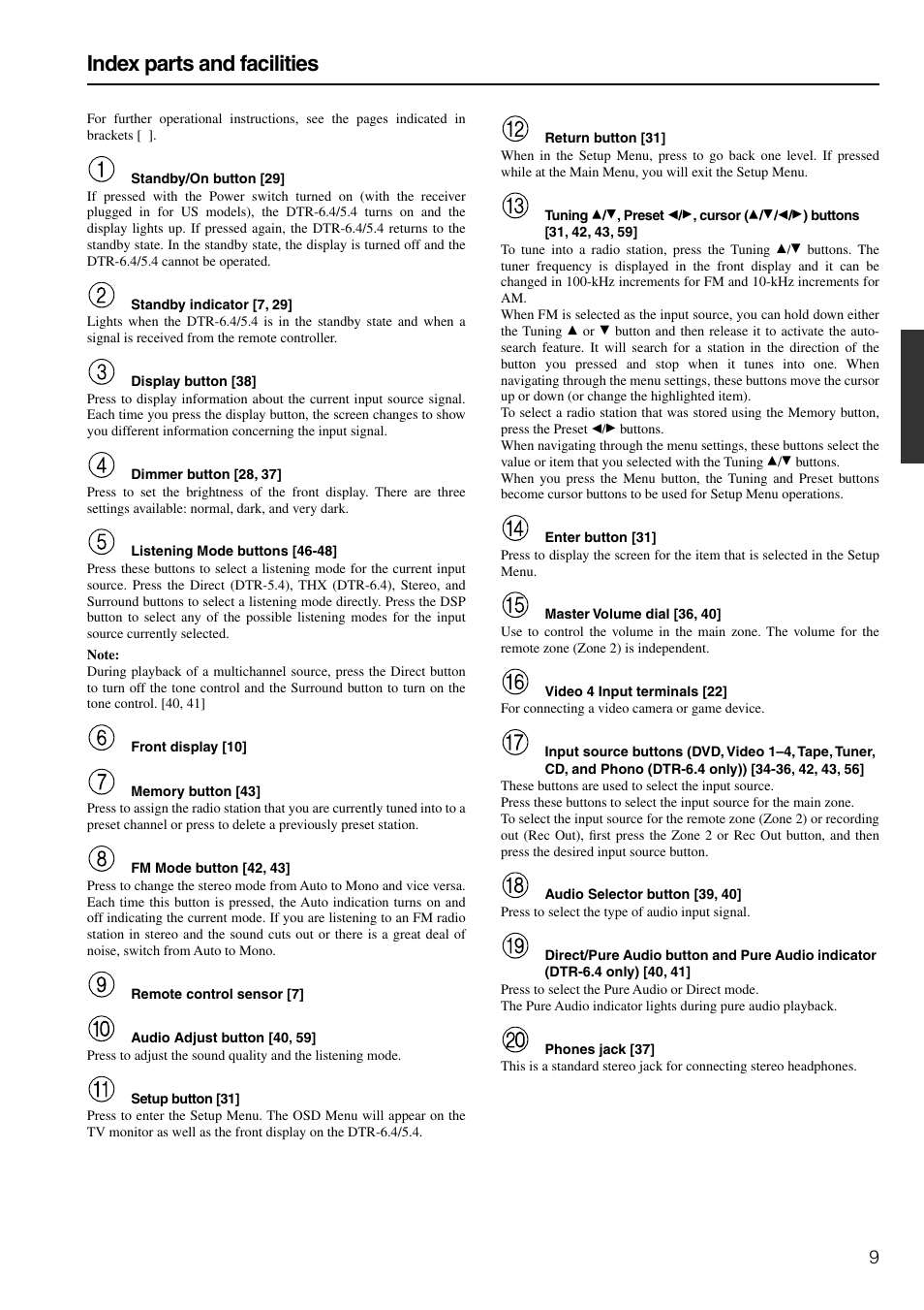 Index parts and facilities | Integra DTR-6.4/5.4 User Manual | Page 9 / 80