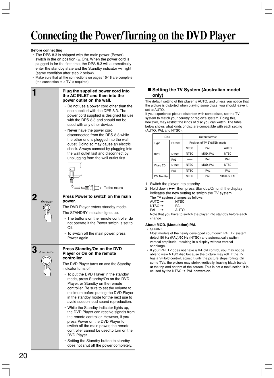Connecting the power/turning on the dvd player | Integra DPS-8.3 User Manual | Page 20 / 76