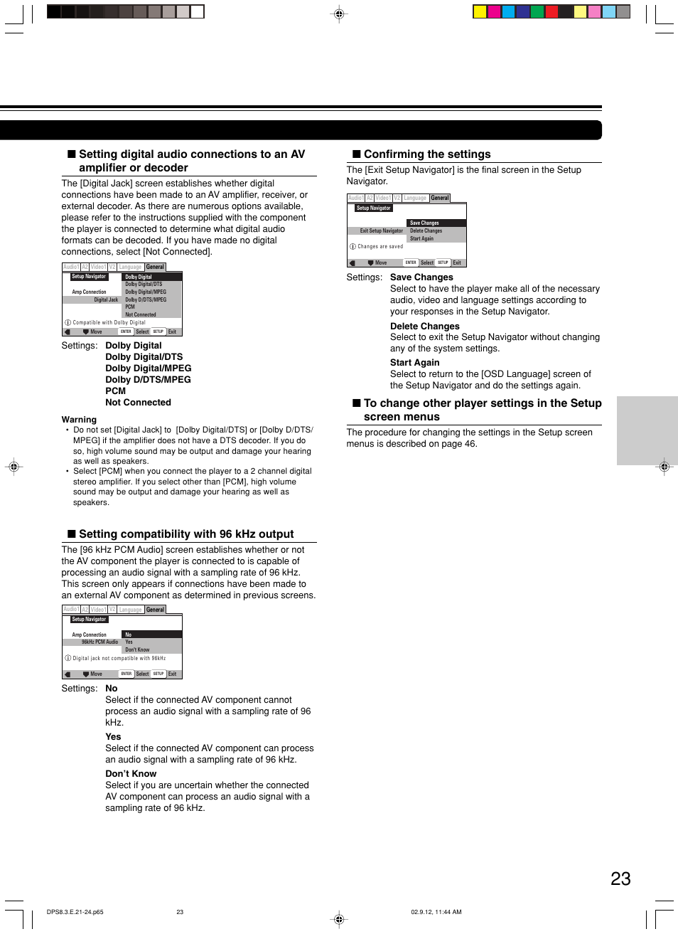 Confirming the settings, Setting compatibility with 96 khz output | Integra DPS-8.3 User Manual | Page 23 / 76