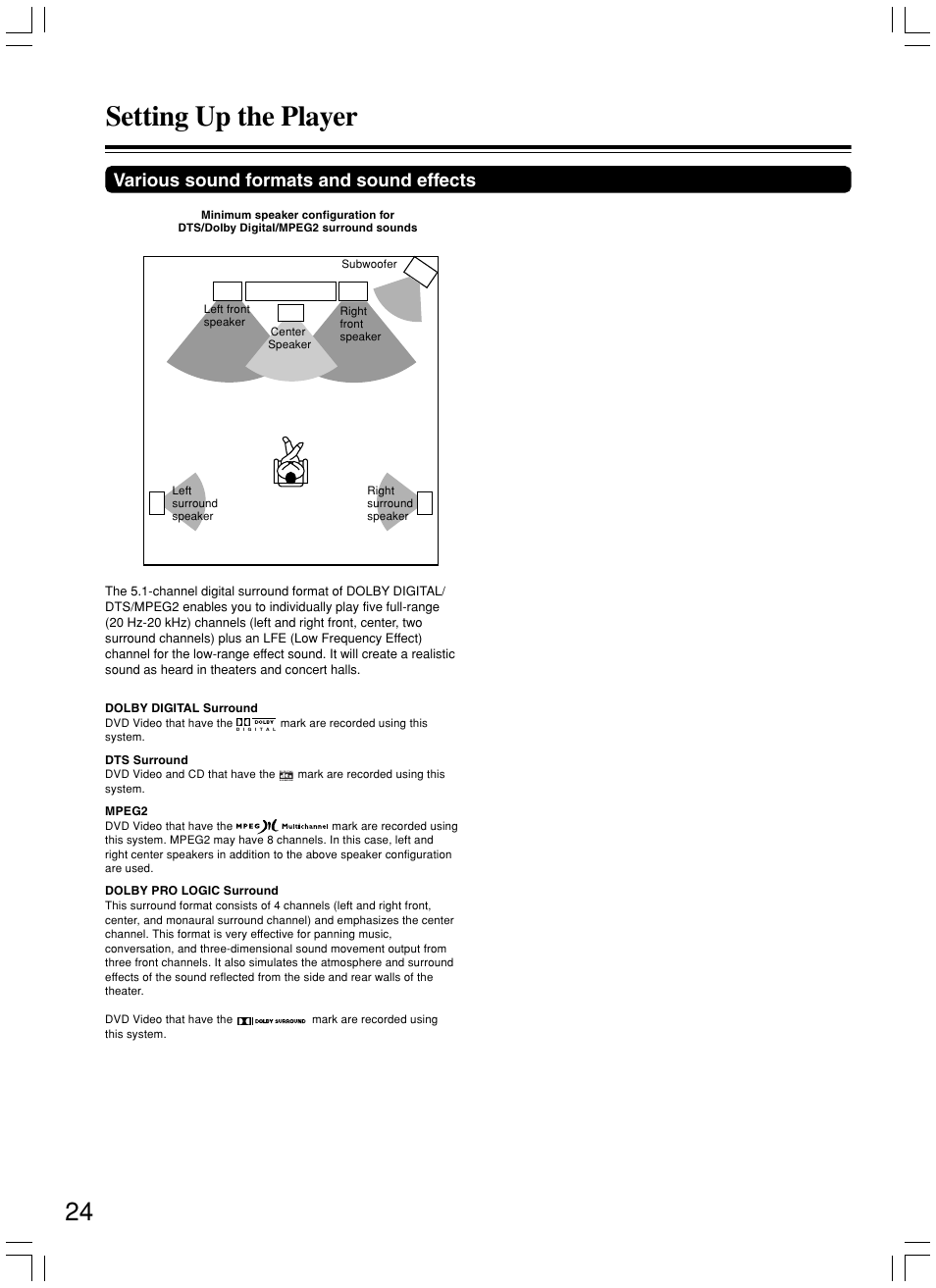 Setting up the player, Various sound formats and sound effects | Integra DPS-8.3 User Manual | Page 24 / 76