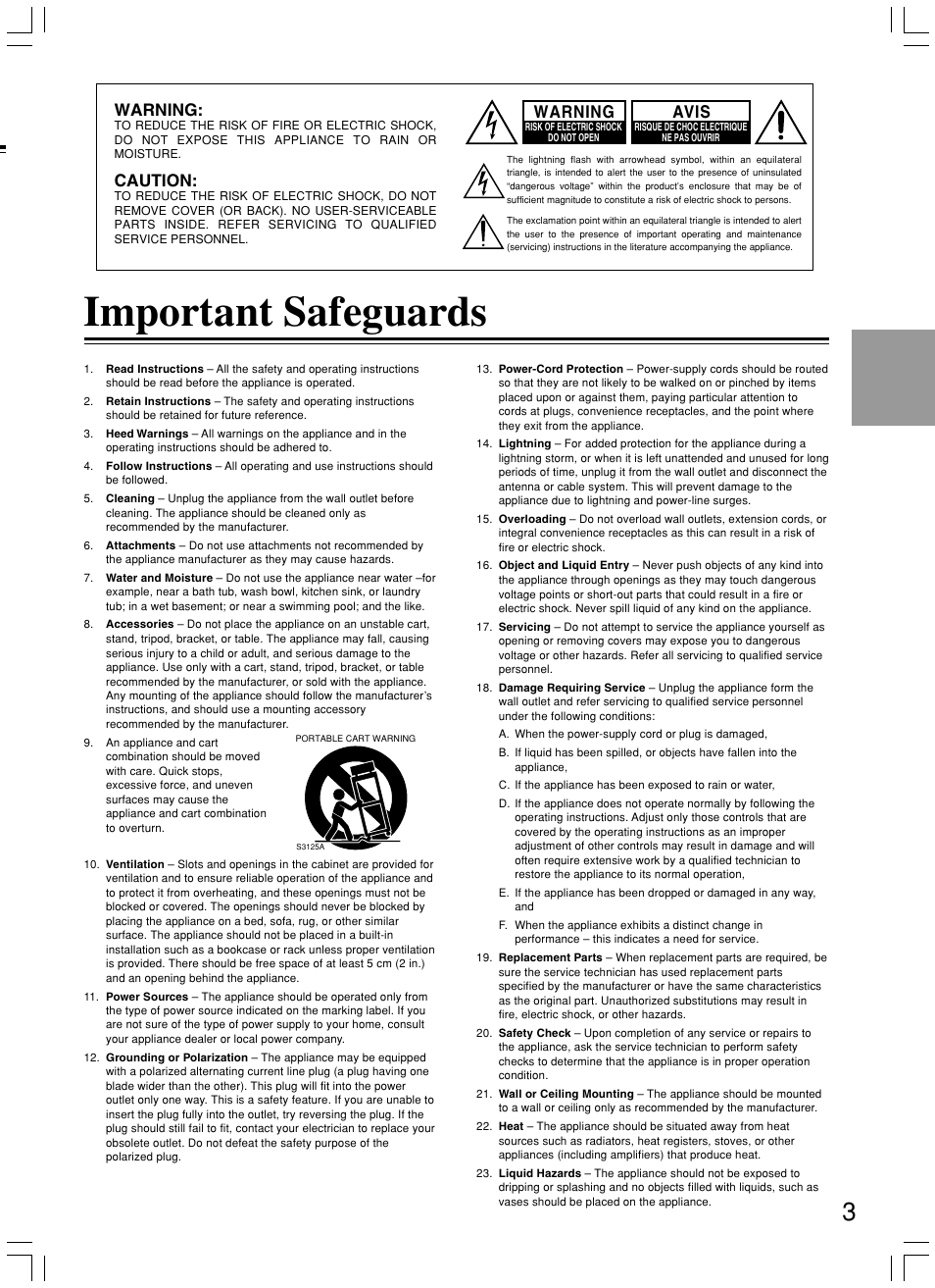 Important safeguards, Warning, Caution | Avis | Integra DPS-8.3 User Manual | Page 3 / 76