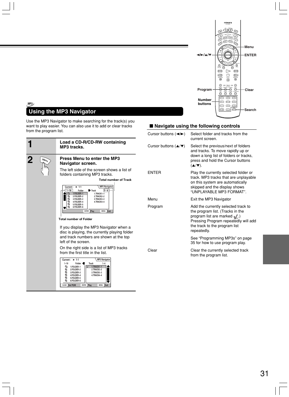 Using the mp3 navigator, Navigate using the following controls | Integra DPS-8.3 User Manual | Page 31 / 76