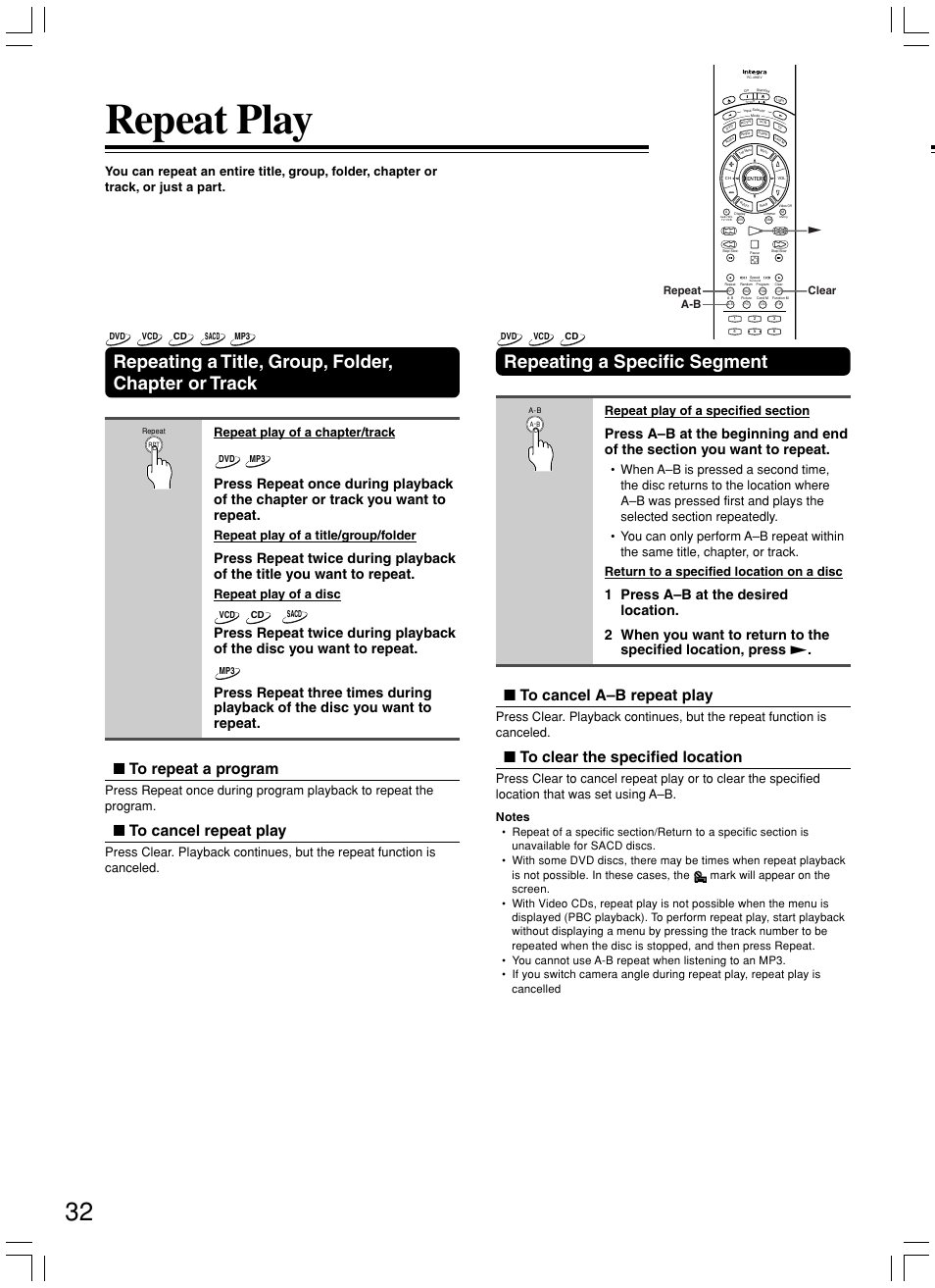 Repeat play, Repeating a title, group, folder, chapter or track, Repeating a specific segment | Repeat play of a chapter/track, Repeat play of a title/group/folder, Repeat play of a disc | Integra DPS-8.3 User Manual | Page 32 / 76