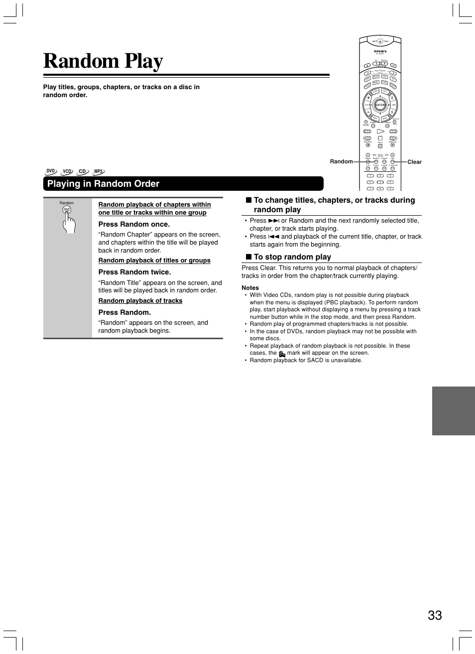 Random play, Playing in random order, Press random once | Press random twice, Press random, Clear random | Integra DPS-8.3 User Manual | Page 33 / 76