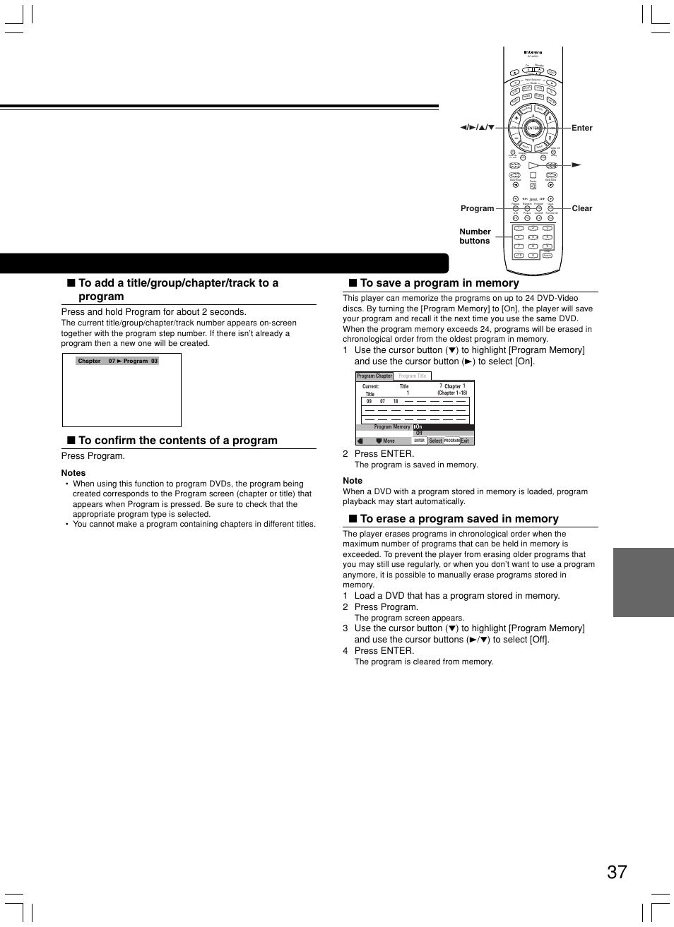 Press and hold program for about 2 seconds, Press program, 2 press enter | The program screen appears, 2 / 3 / 5 / ∞ enter program £ clear number buttons | Integra DPS-8.3 User Manual | Page 37 / 76