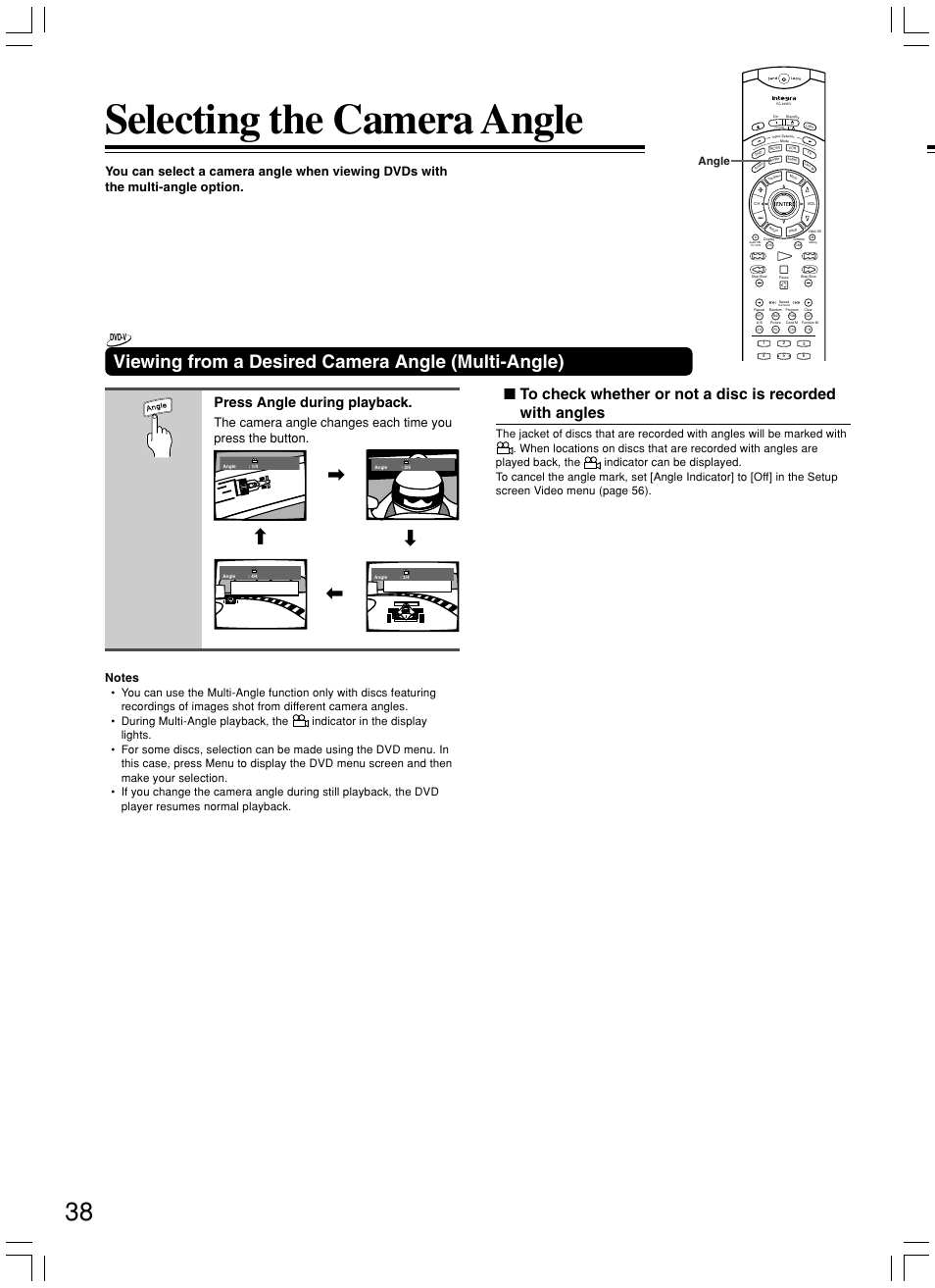Selecting the camera angle, Viewing from a desired camera angle (multi-angle), Press angle during playback | Angle | Integra DPS-8.3 User Manual | Page 38 / 76