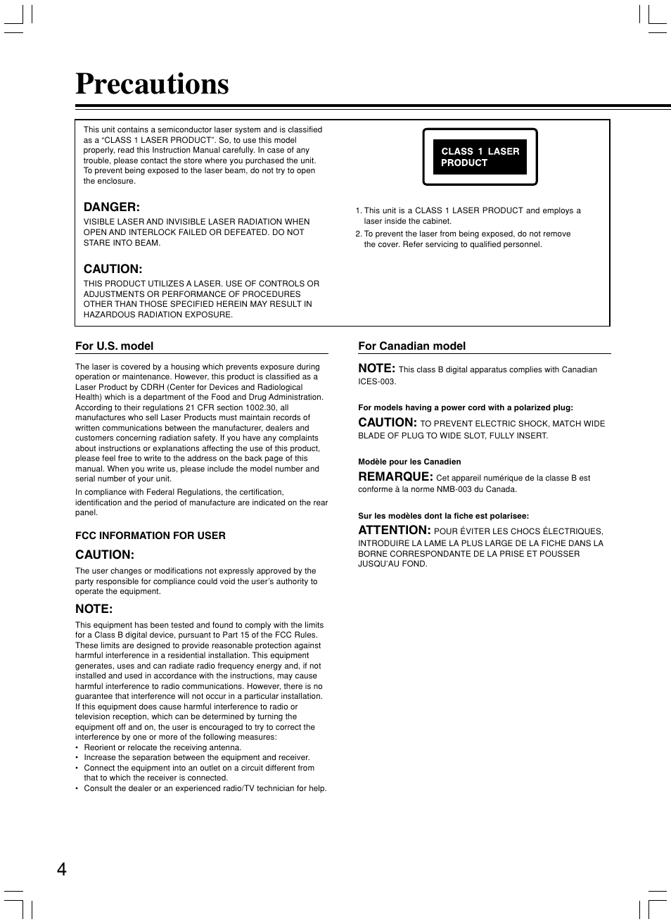 Precautions | Integra DPS-8.3 User Manual | Page 4 / 76