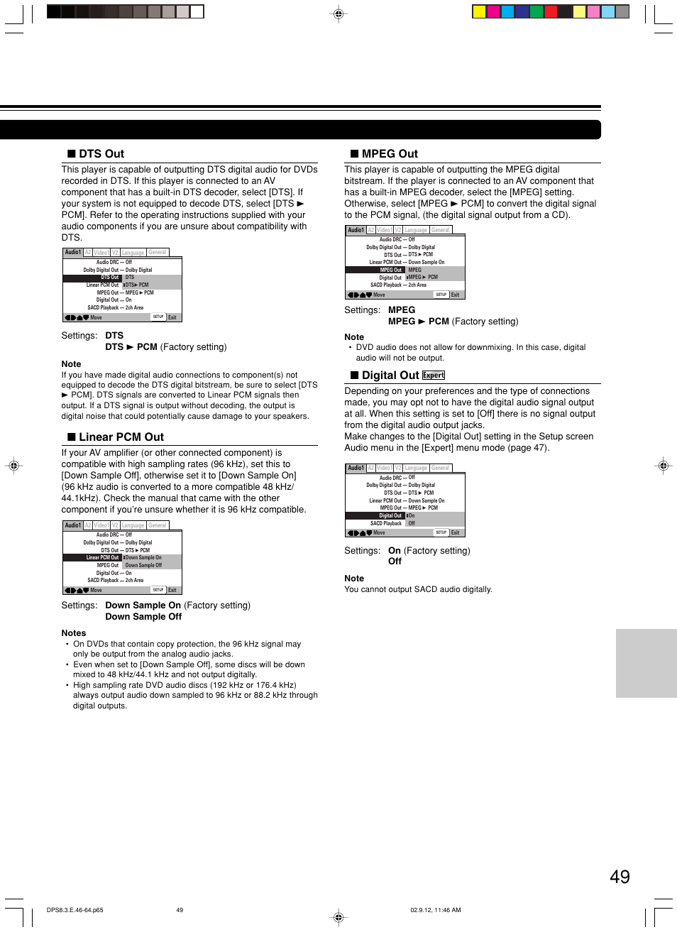 Dts out, Mpeg out, Linear pcm out | Digital out, Settings: dts dts 3 pcm (factory setting), Settings: mpeg mpeg 3 pcm (factory setting), Settings: on (factory setting) off | Integra DPS-8.3 User Manual | Page 49 / 76
