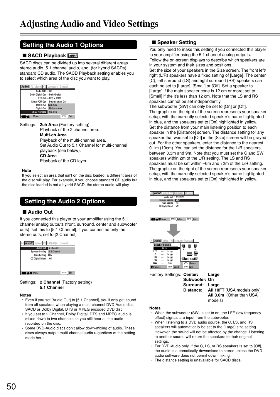 Adjusting audio and video settings, Setting the audio 2 options, Setting the audio 1 options | Audio out, Speaker setting, Sacd playback | Integra DPS-8.3 User Manual | Page 50 / 76