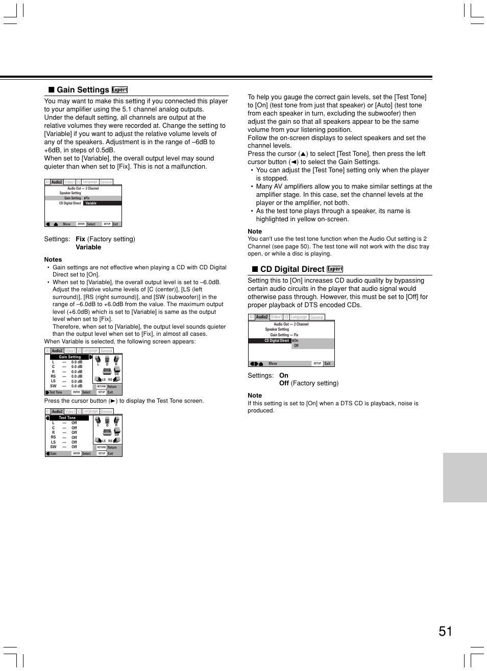 Gain settings, Cd digital direct, Settings: fix (factory setting) variable | Settings: on off (factory setting) | Integra DPS-8.3 User Manual | Page 51 / 76