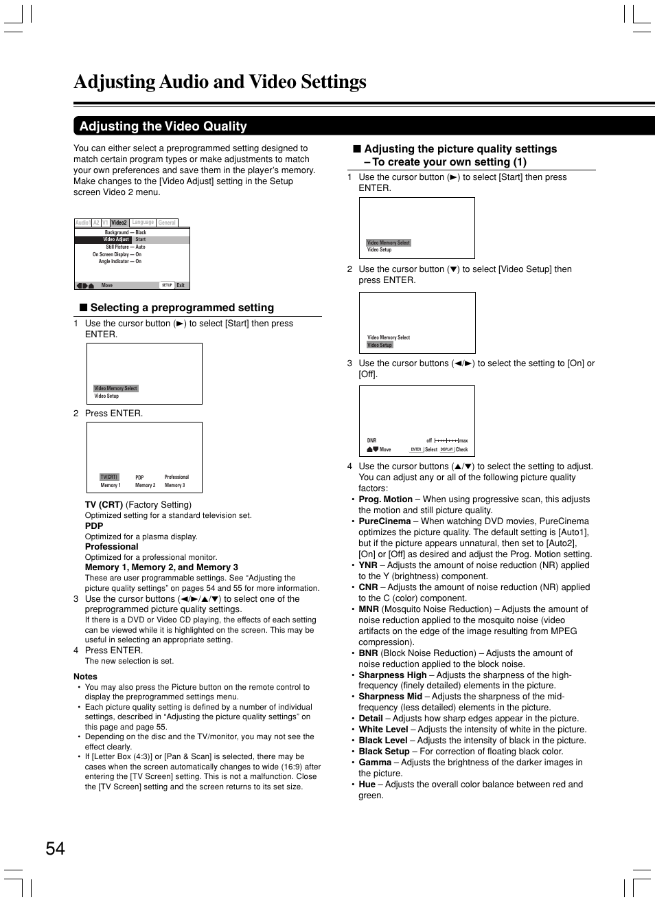 Adjusting audio and video settings, Adjusting the video quality, Selecting a preprogrammed setting | Integra DPS-8.3 User Manual | Page 54 / 76