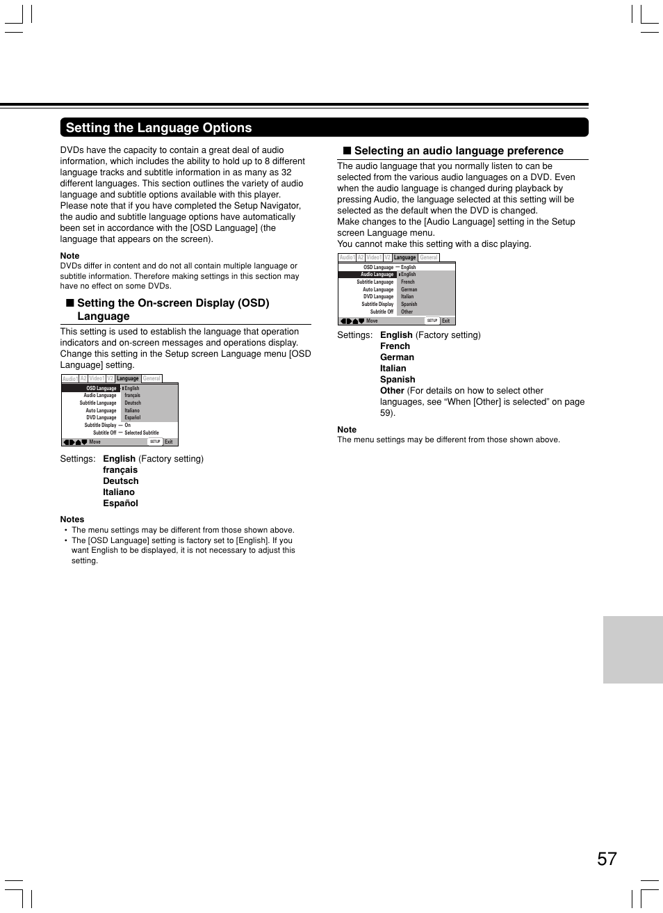 Setting the language options, Setting the on-screen display (osd) language, Selecting an audio language preference | Integra DPS-8.3 User Manual | Page 57 / 76