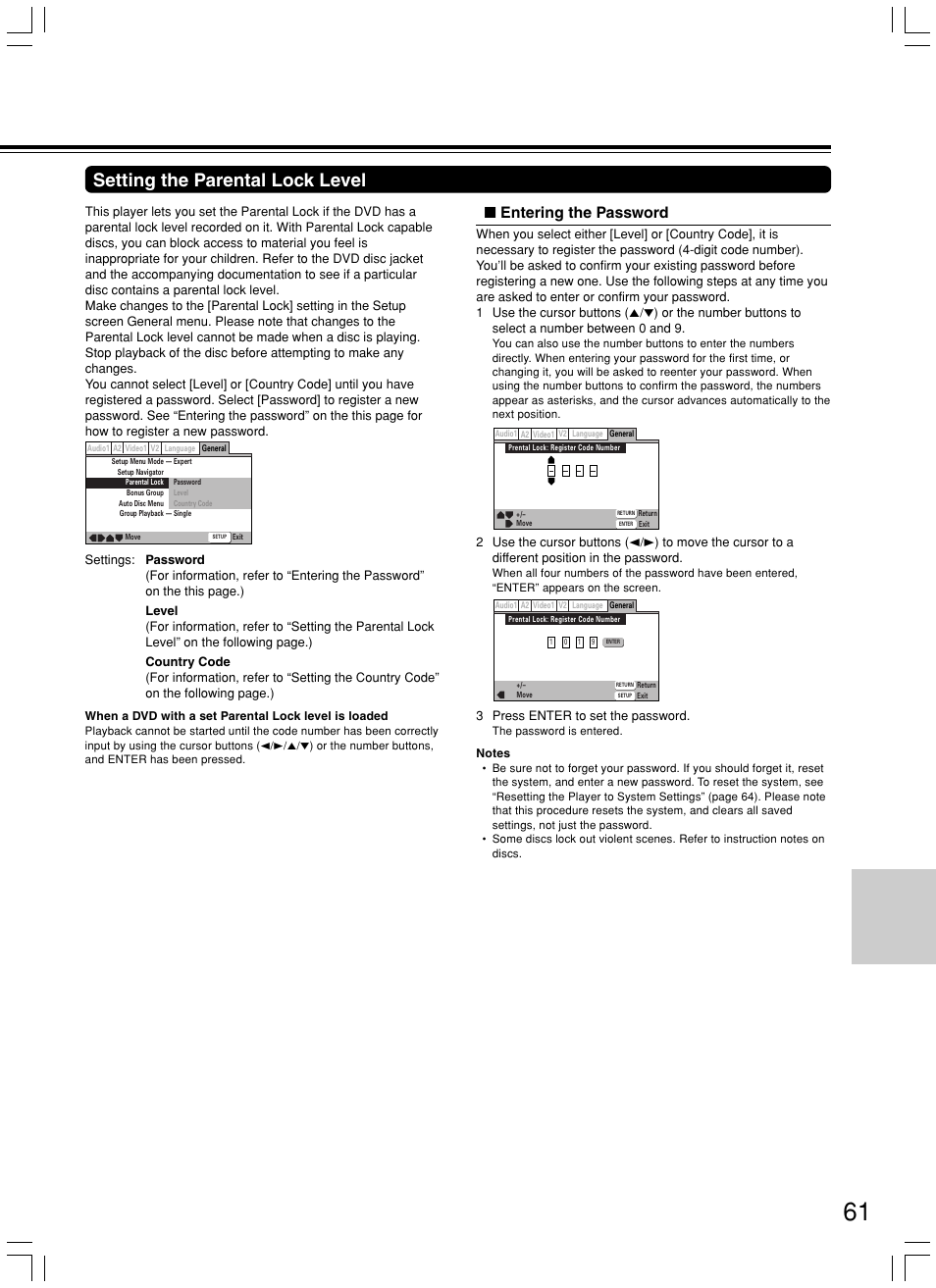 Setting the parental lock level, Entering the password | Integra DPS-8.3 User Manual | Page 61 / 76