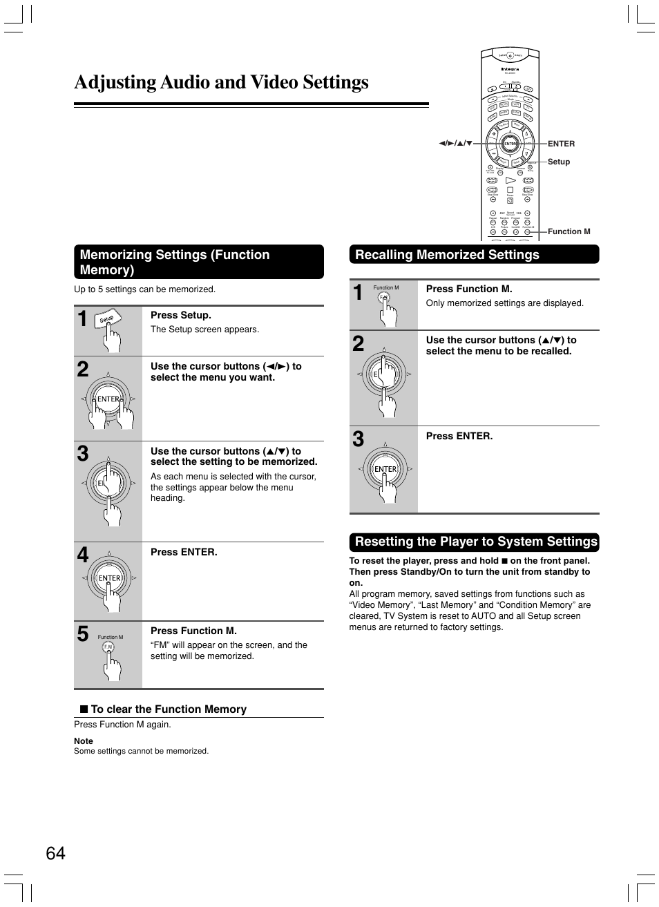 Adjusting audio and video settings, Resetting the player to system settings, Press setup | Press enter. press function m, Press function m, The setup screen appears, Press function m again | Integra DPS-8.3 User Manual | Page 64 / 76