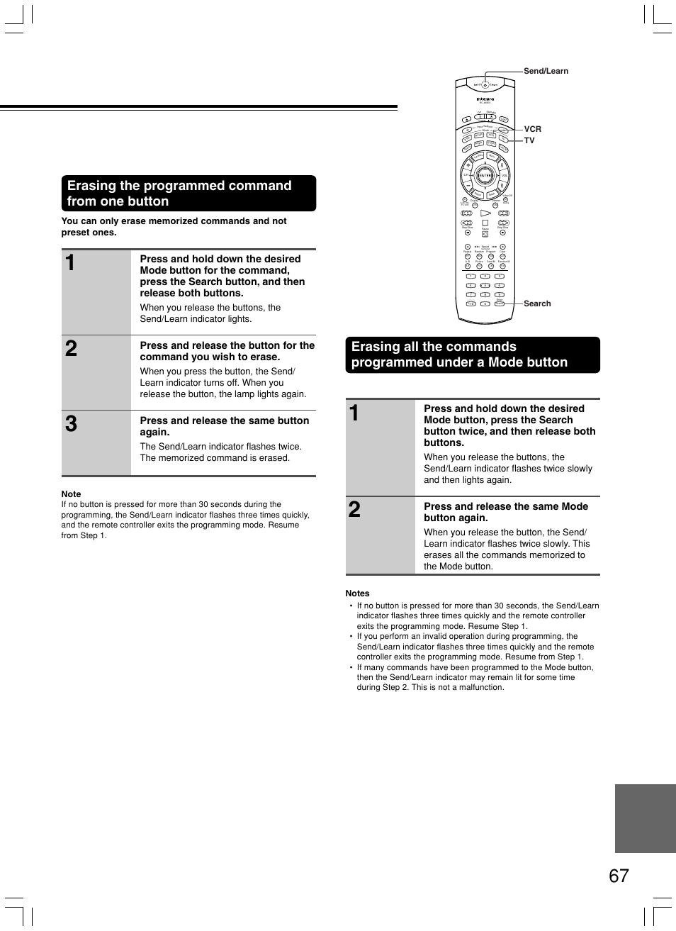 Erasing the programmed command from one button, Press and release the same button again, Press and release the same mode button again | Vcr search send/learn tv | Integra DPS-8.3 User Manual | Page 67 / 76