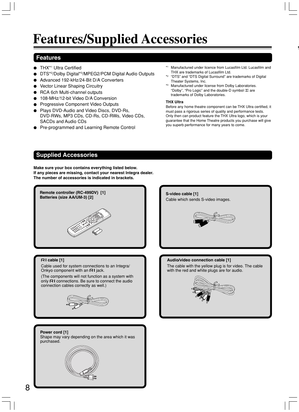 Features/supplied accessories, Supplied accessories, Features | Integra DPS-8.3 User Manual | Page 8 / 76