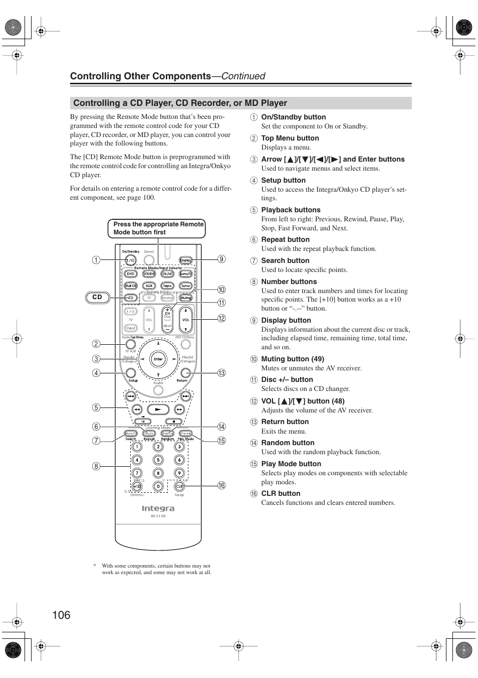 Controlling a cd player, cd recorder, or md player, Controlling a cd player, cd recorder, Or md player | Controlling other components —continued | Integra DTR-5.9 User Manual | Page 106 / 116
