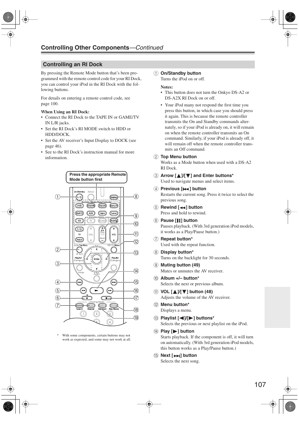 Controlling an ri dock, Controlling other components —continued | Integra DTR-5.9 User Manual | Page 107 / 116