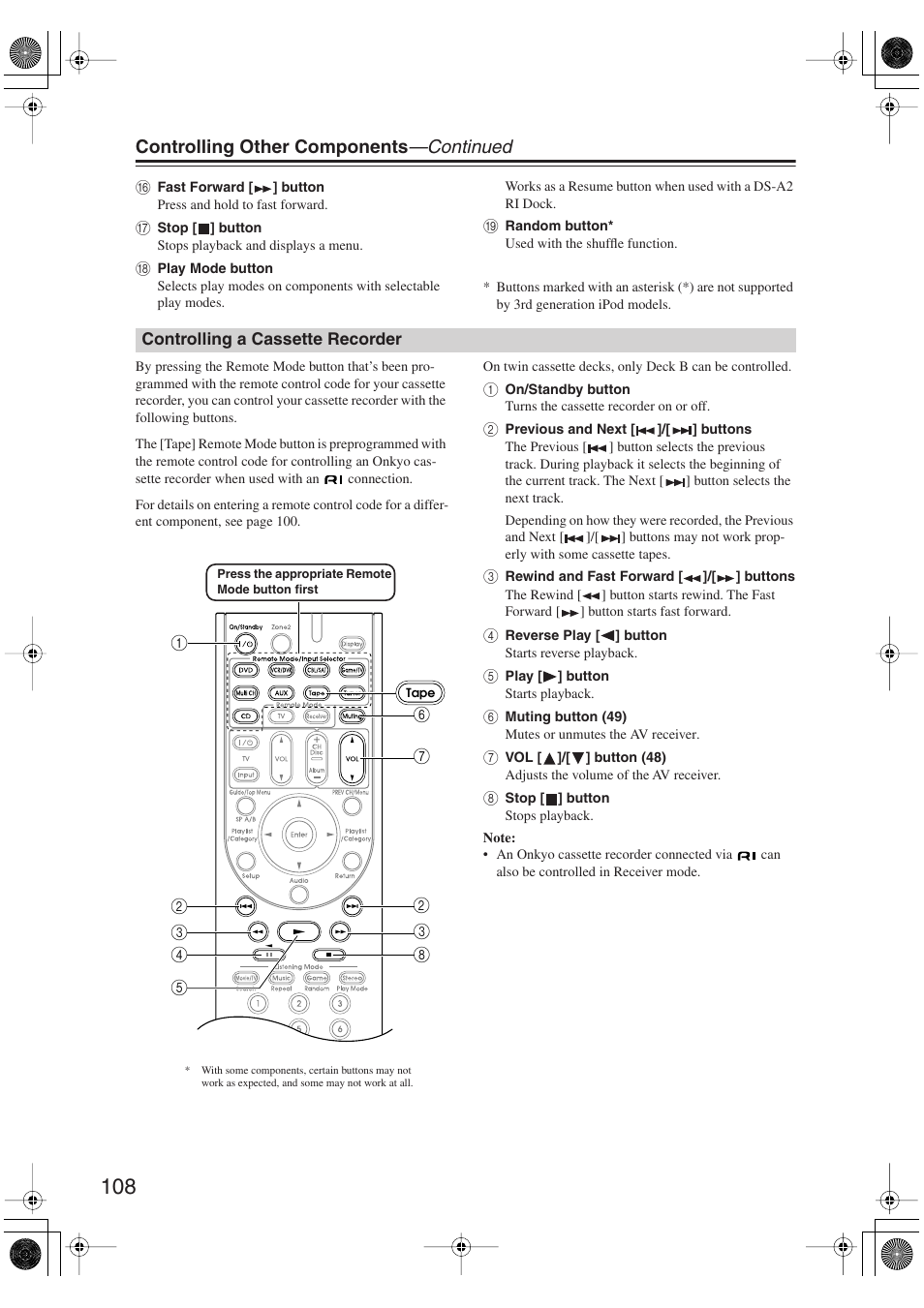 Controlling a cassette recorder, Controlling other components —continued | Integra DTR-5.9 User Manual | Page 108 / 116