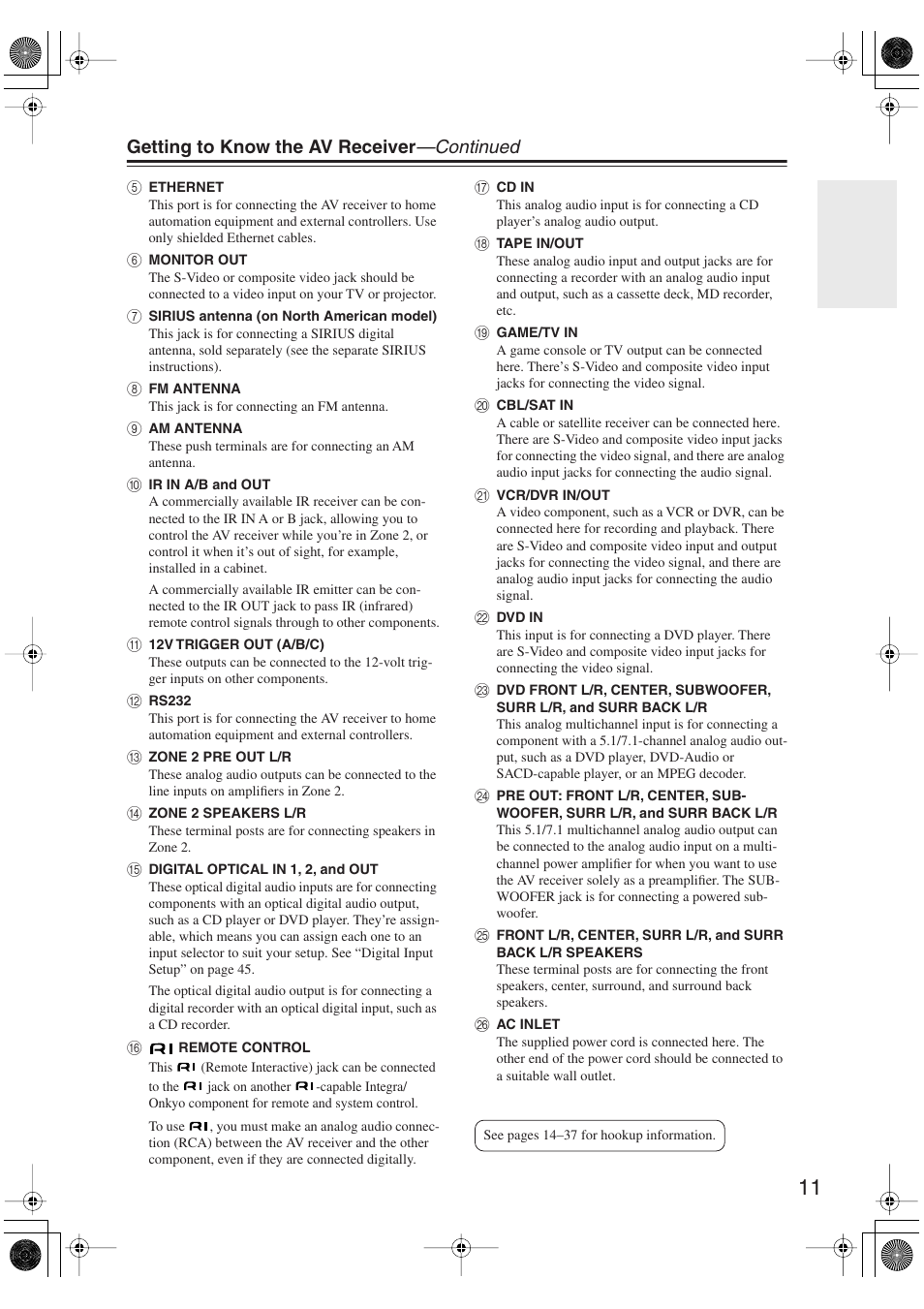 Getting to know the av receiver —continued | Integra DTR-5.9 User Manual | Page 11 / 116