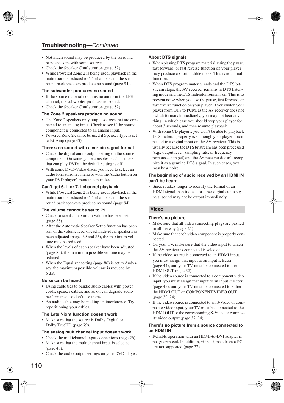 Troubleshooting —continued | Integra DTR-5.9 User Manual | Page 110 / 116