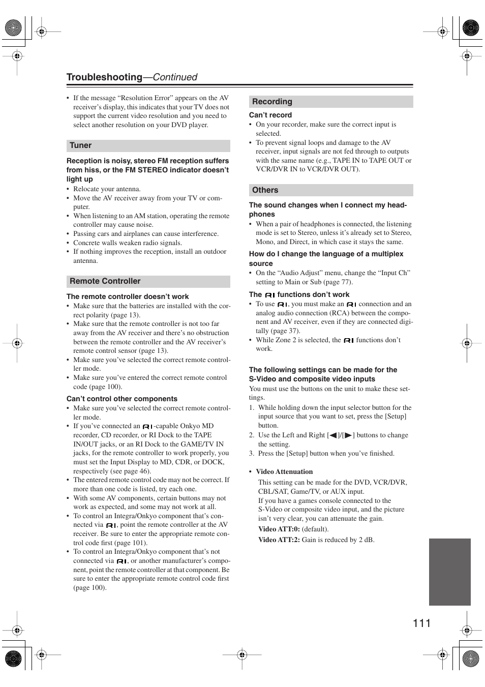 Troubleshooting —continued | Integra DTR-5.9 User Manual | Page 111 / 116