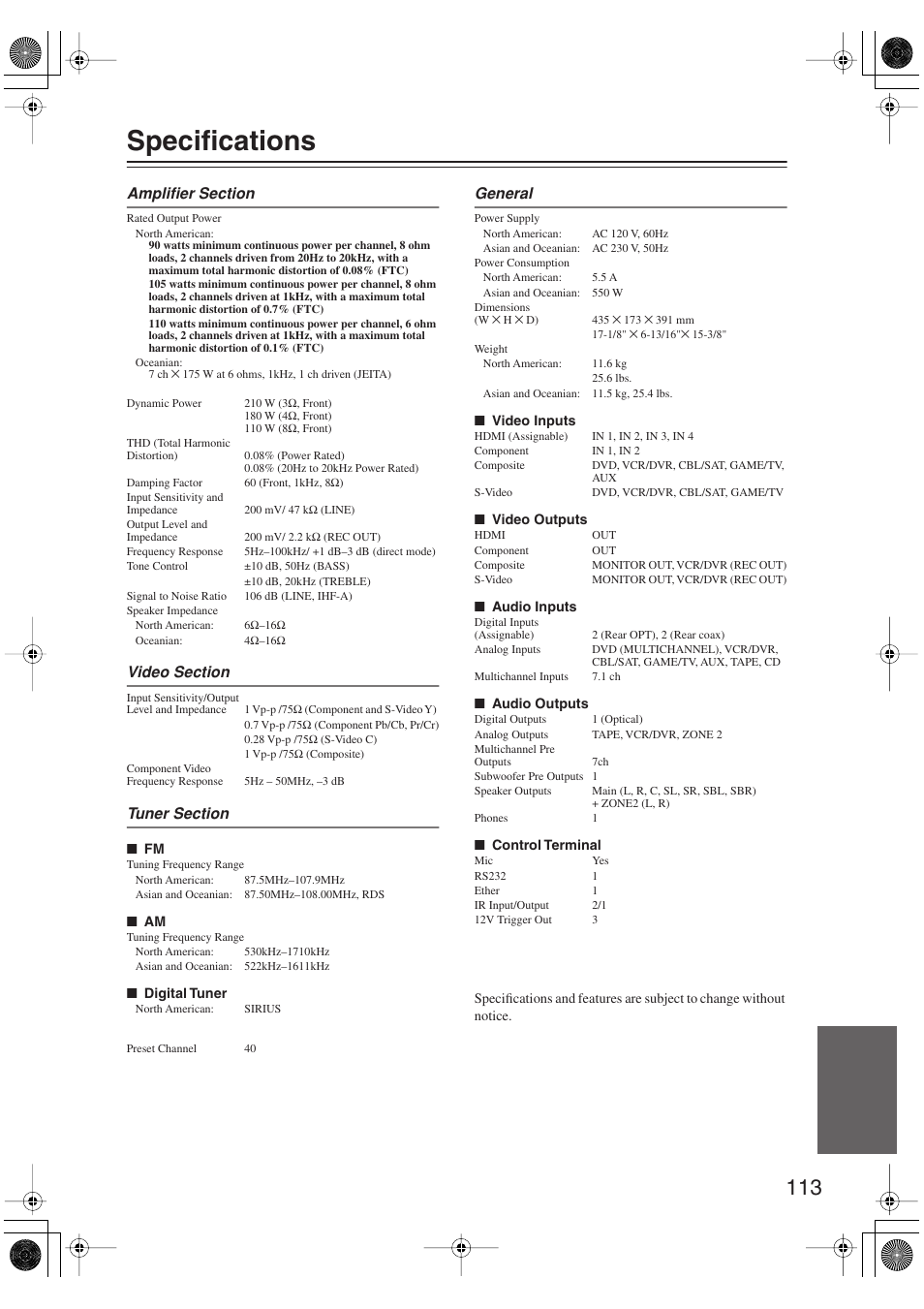 Specifications | Integra DTR-5.9 User Manual | Page 113 / 116