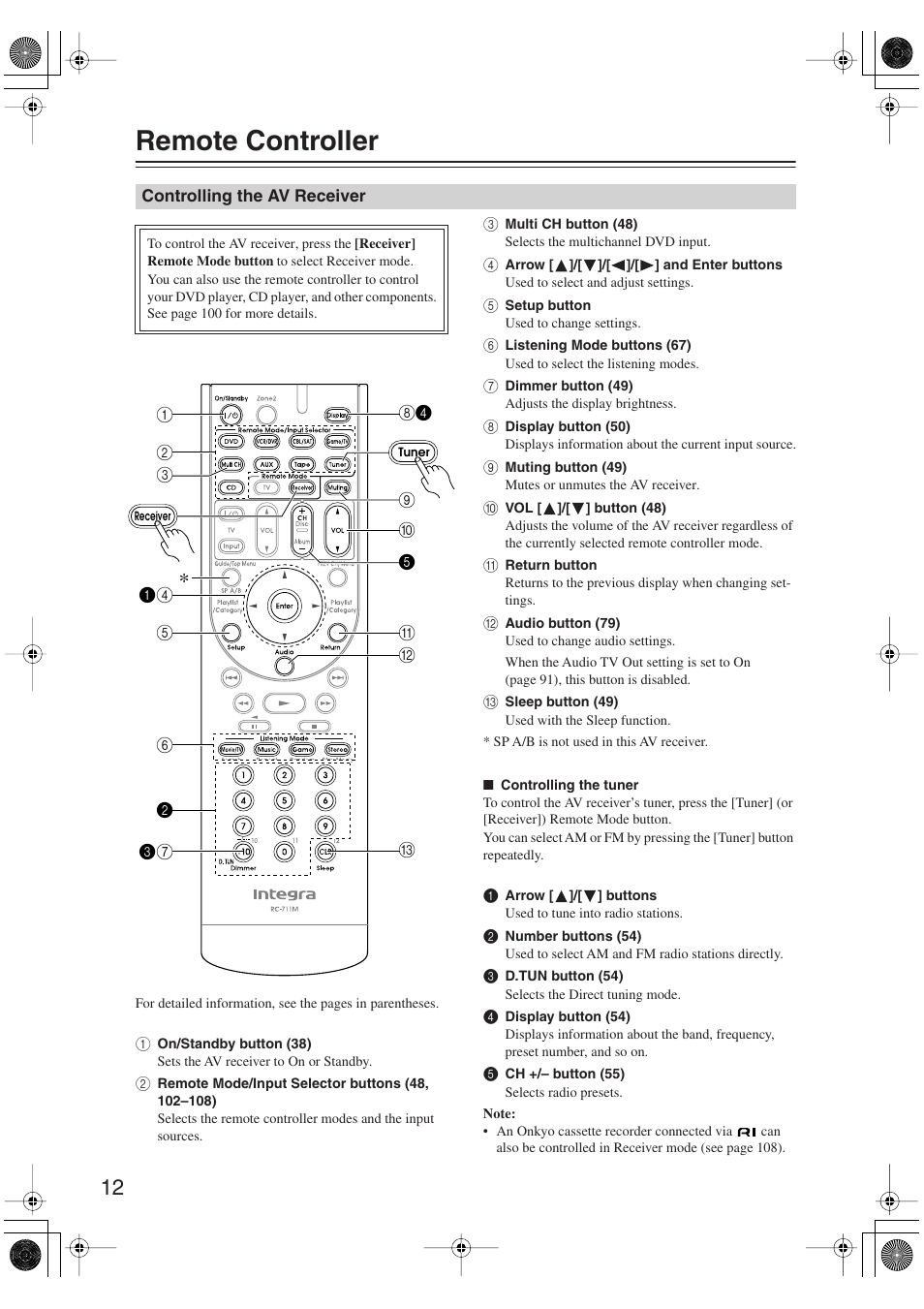 Remote controller, Controlling the av receiver | Integra DTR-5.9 User Manual | Page 12 / 116