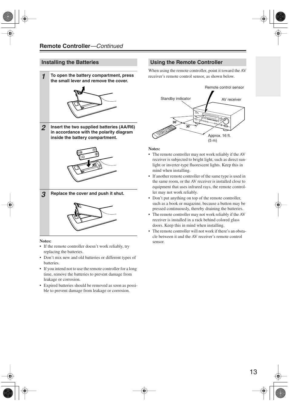 Installing the batteries, Using the remote controller, Ol sensor (13) | Integra DTR-5.9 User Manual | Page 13 / 116