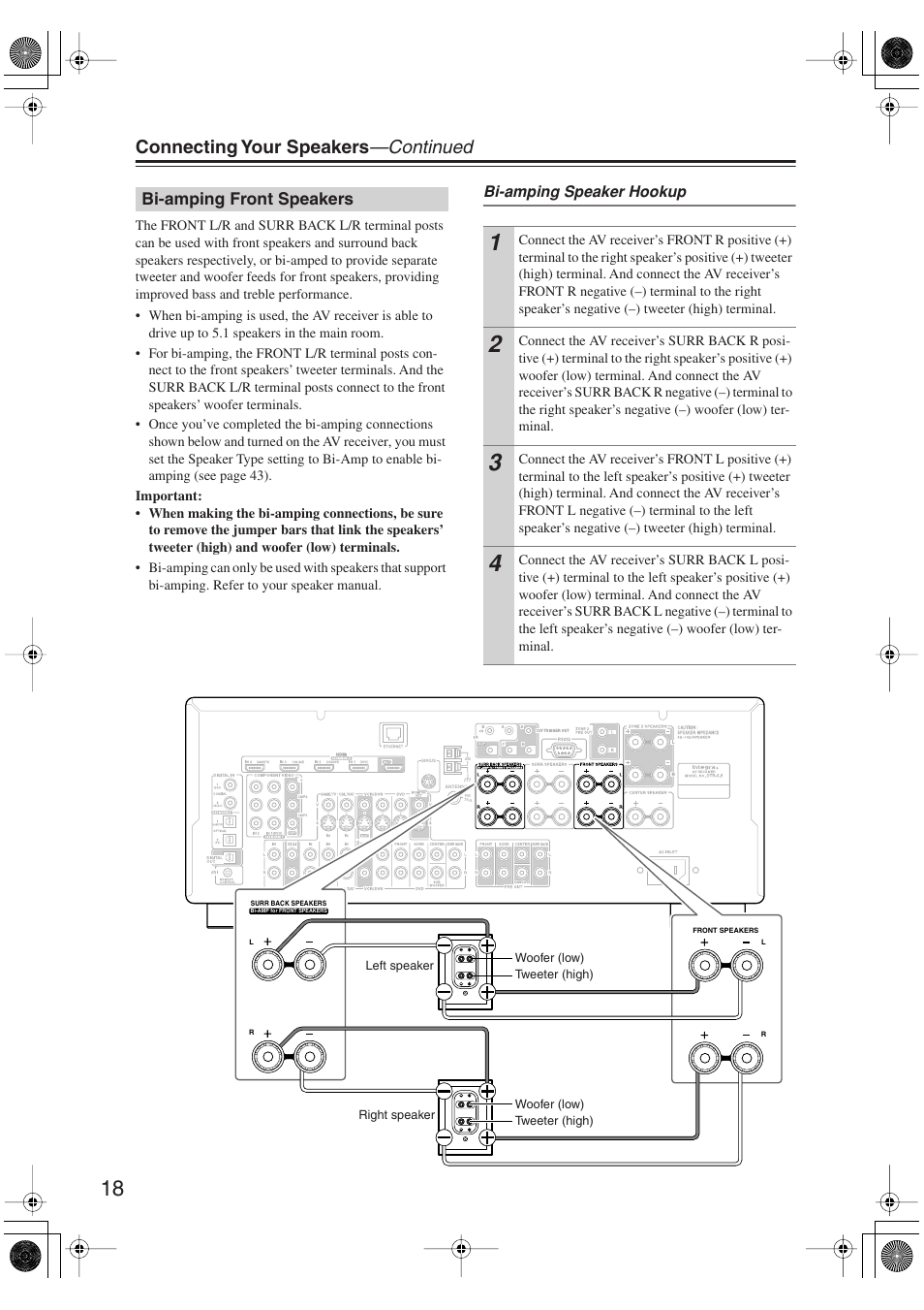 Bi-amping front speakers, Connecting your speakers —continued | Integra DTR-5.9 User Manual | Page 18 / 116