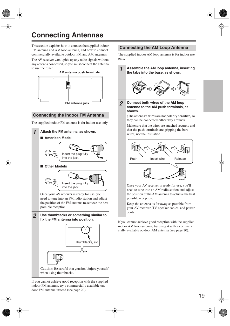 Connecting antennas, Connecting the indoor fm antenna, Connecting the am loop antenna | Integra DTR-5.9 User Manual | Page 19 / 116