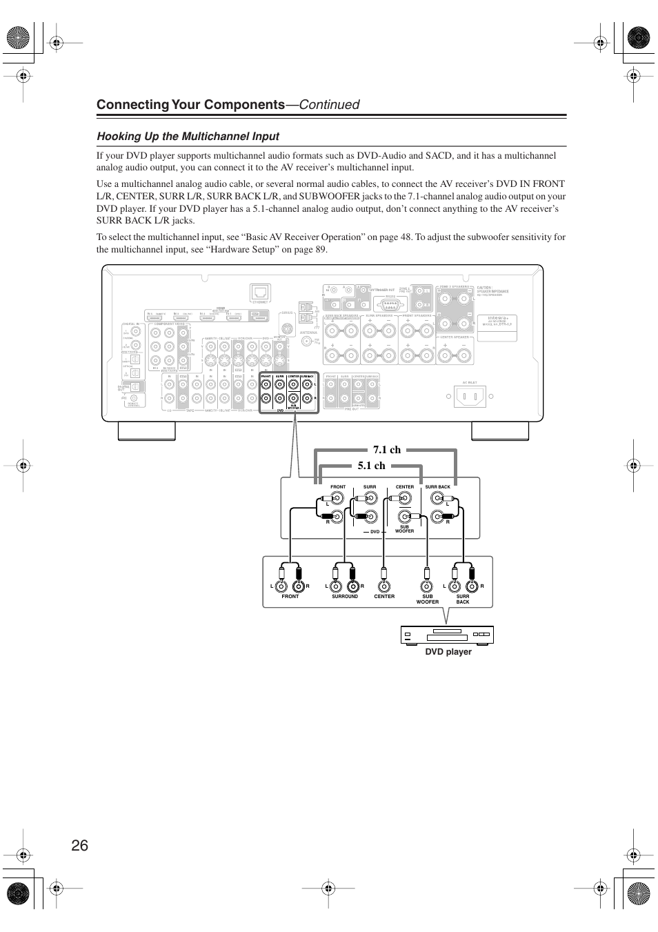 Connecting your components —continued, Hooking up the multichannel input, 1 ch 7.1 ch | Integra DTR-5.9 User Manual | Page 26 / 116