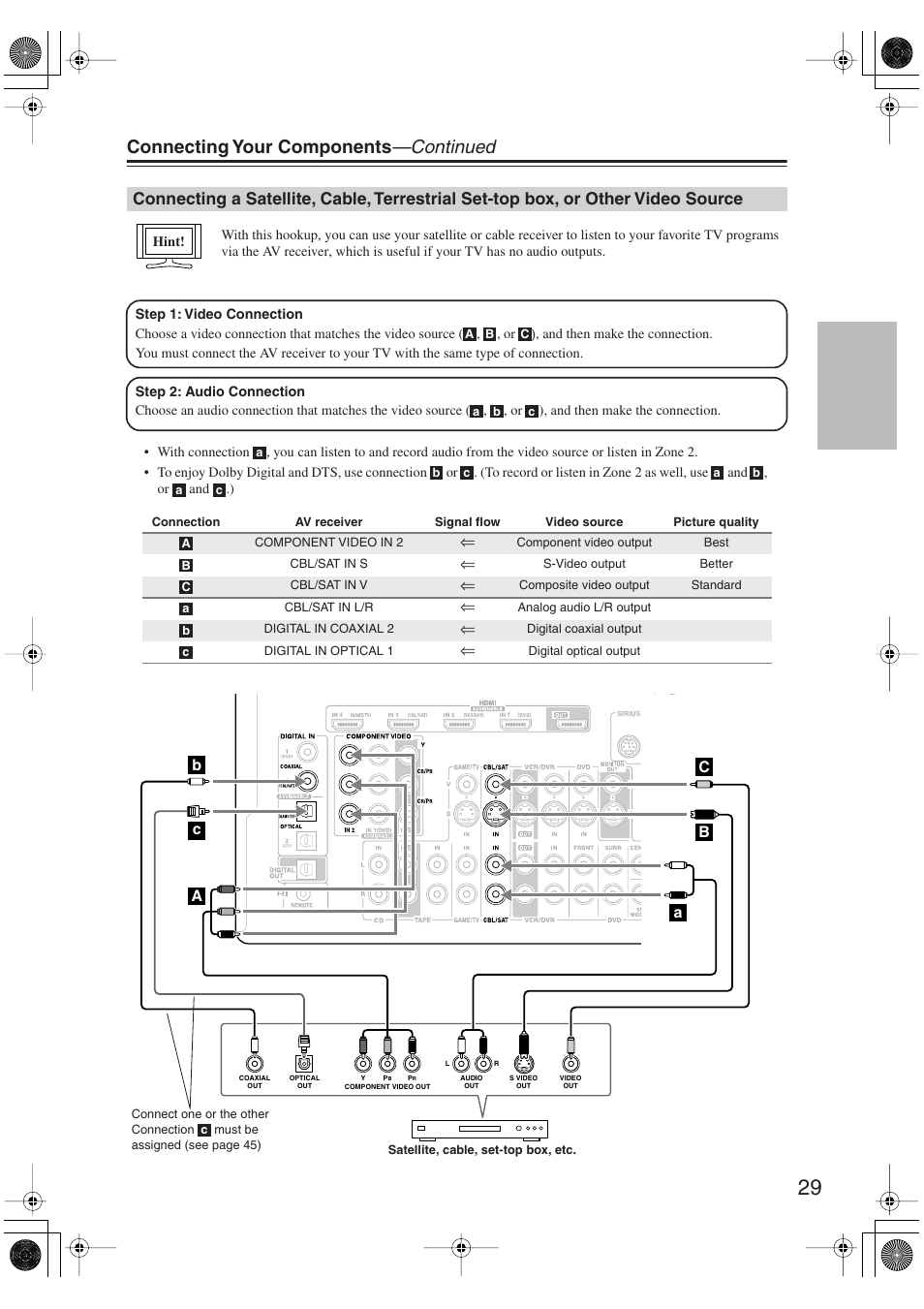Connecting a satellite, cable, terrestrial set-top, Box, or other video source, Connecting your components —continued | Integra DTR-5.9 User Manual | Page 29 / 116