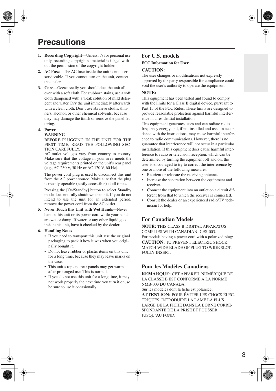 Precautions, For u.s. models, For canadian models | Pour les modèles canadiens | Integra DTR-5.9 User Manual | Page 3 / 116