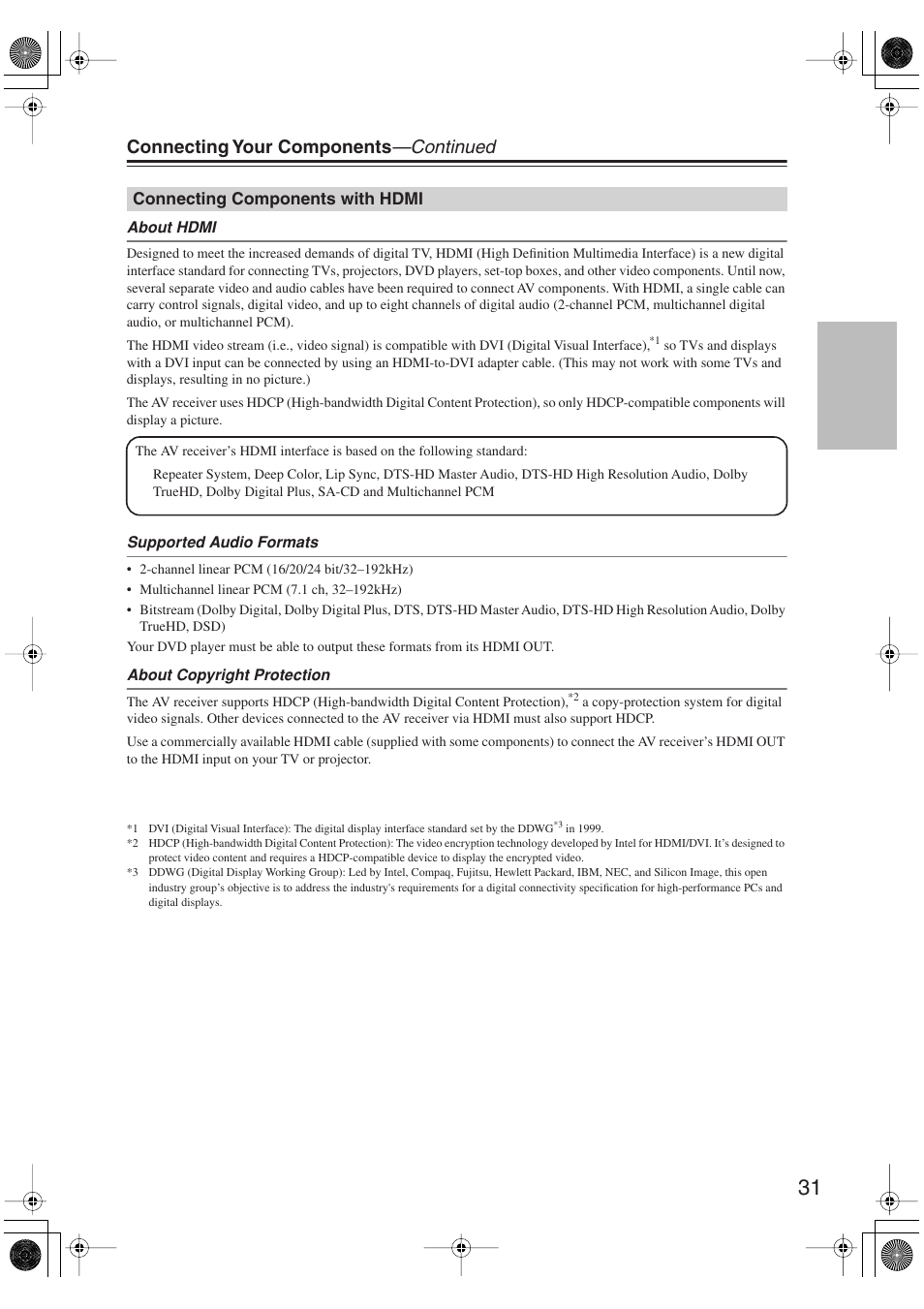 Connecting components with hdmi, Connecting your components —continued | Integra DTR-5.9 User Manual | Page 31 / 116