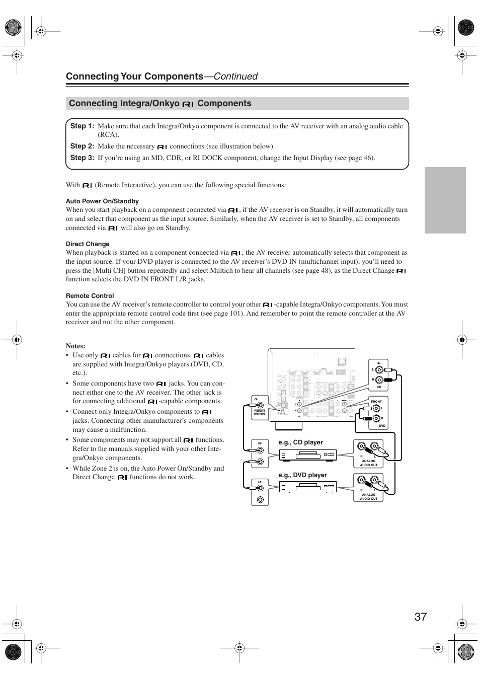 Connecting integra/onkyo components, Connecting integra/onkyo, Components | Connecting your components —continued | Integra DTR-5.9 User Manual | Page 37 / 116