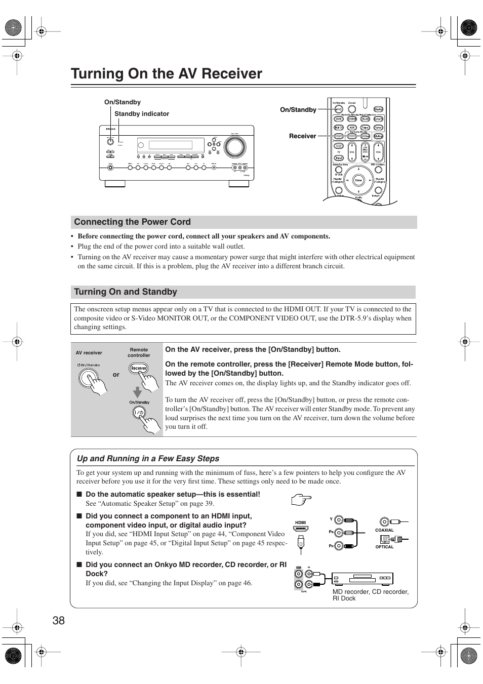 Turning on the av receiver, Connecting the power cord, Turning on and standby | Connecting the power cord turning on and standby, Utton (38), Y indicator (38) | Integra DTR-5.9 User Manual | Page 38 / 116