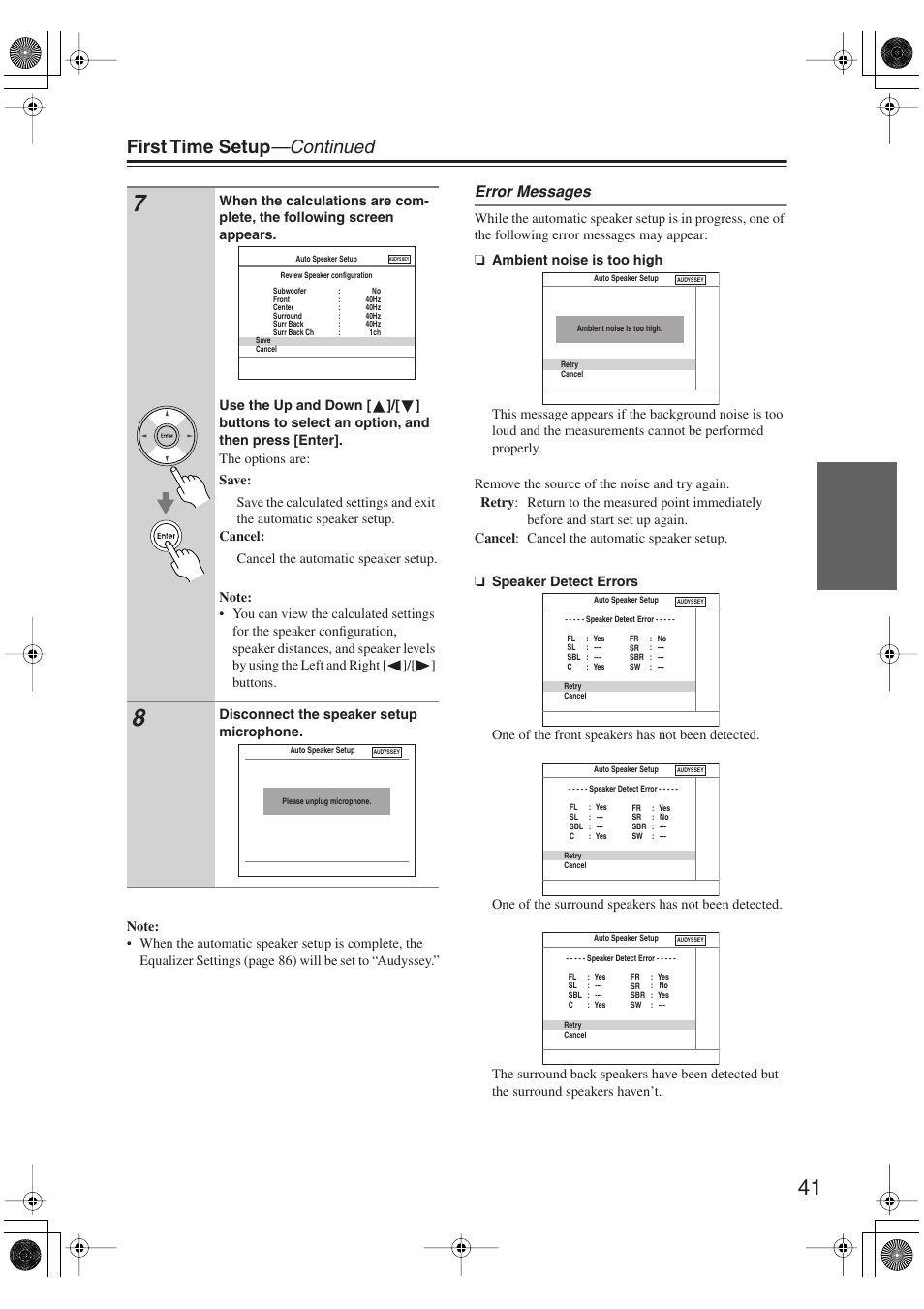 First time setup —continued, Error messages | Integra DTR-5.9 User Manual | Page 41 / 116