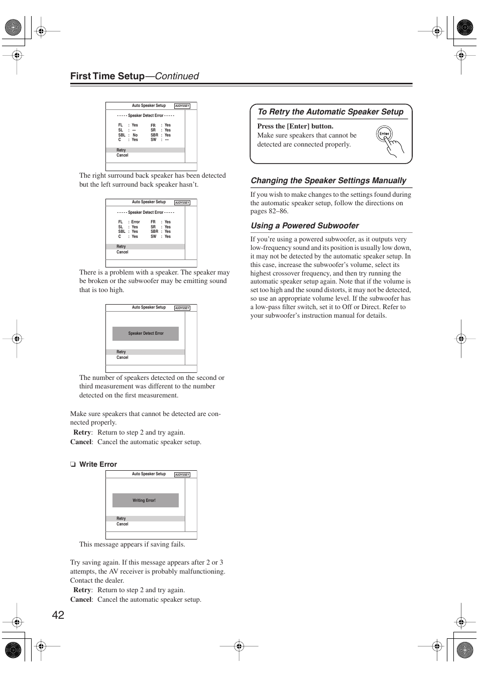 First time setup —continued, Changing the speaker settings manually, Using a powered subwoofer | Integra DTR-5.9 User Manual | Page 42 / 116
