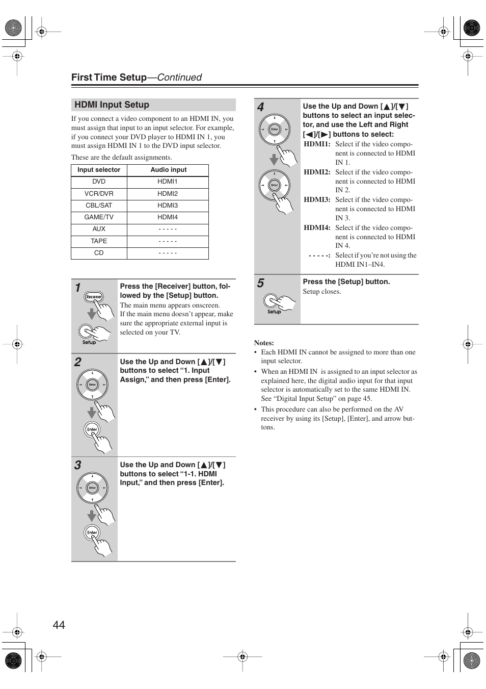 Hdmi input setup, First time setup —continued | Integra DTR-5.9 User Manual | Page 44 / 116