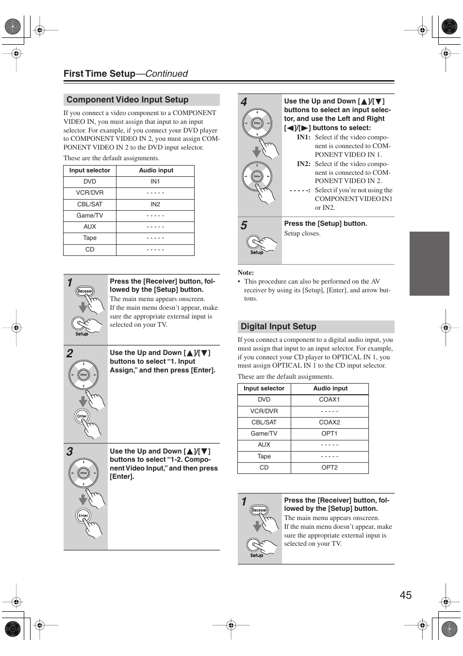 Component video input setup, Digital input setup, Component video input setup digital input setup | First time setup —continued | Integra DTR-5.9 User Manual | Page 45 / 116