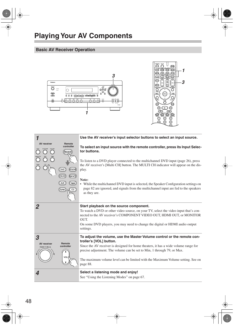 Playing your av components, Basic av receiver operation, Ol (48) | Uttons (48), Uttons (48, Utton (48) | Integra DTR-5.9 User Manual | Page 48 / 116