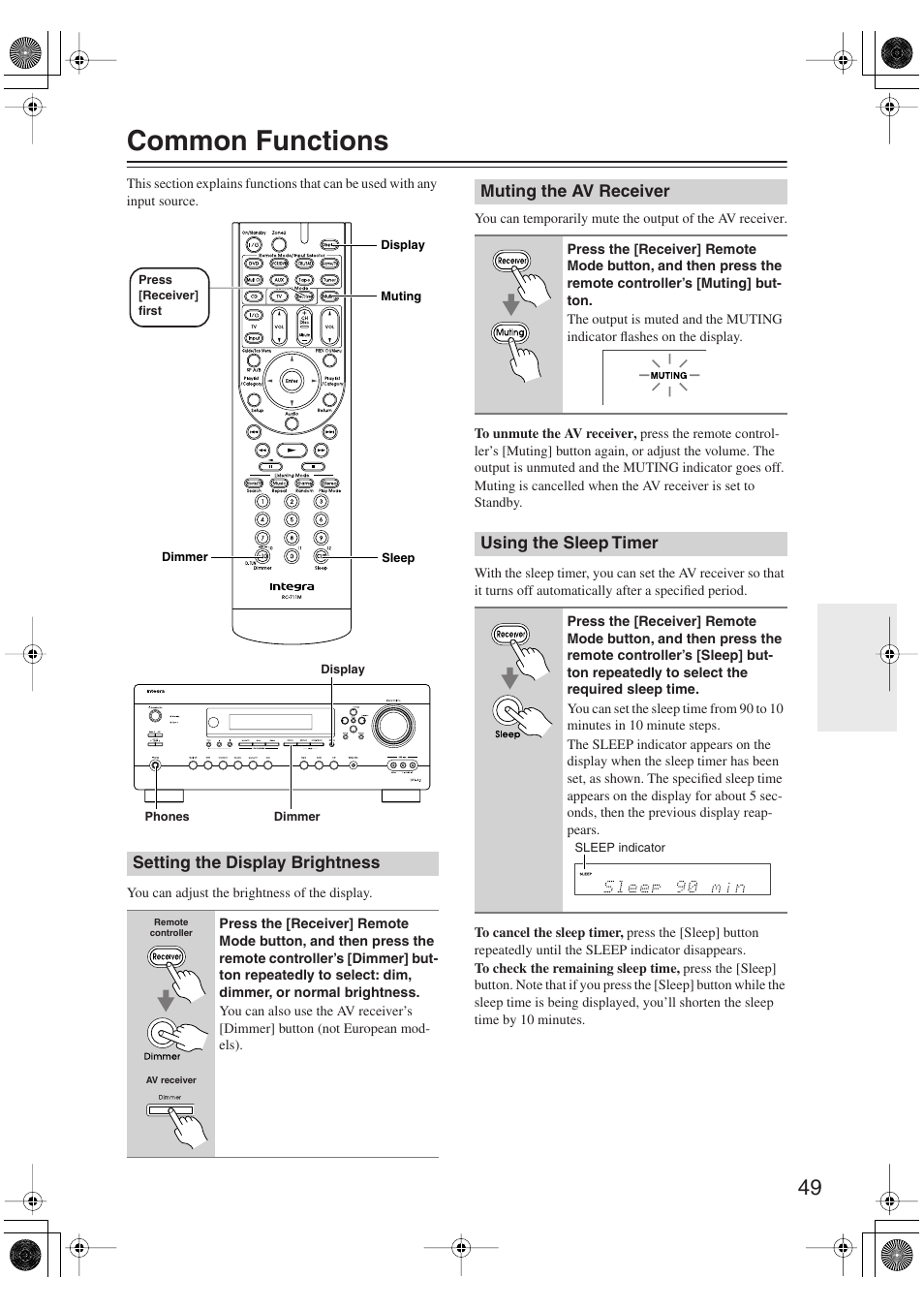 Common functions, Setting the display brightness, Muting the av receiver | Using the sleep timer, Utton (49, Sleep indicator (49), Muting indicator (49), Utton (49) | Integra DTR-5.9 User Manual | Page 49 / 116