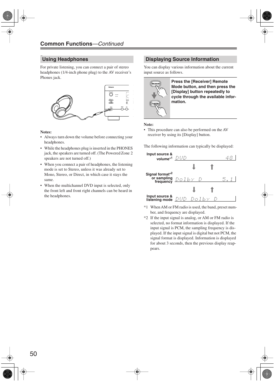 Using headphones, Displaying source information, Using headphones displaying source information | Utton (50), K (50), Common functions —continued | Integra DTR-5.9 User Manual | Page 50 / 116