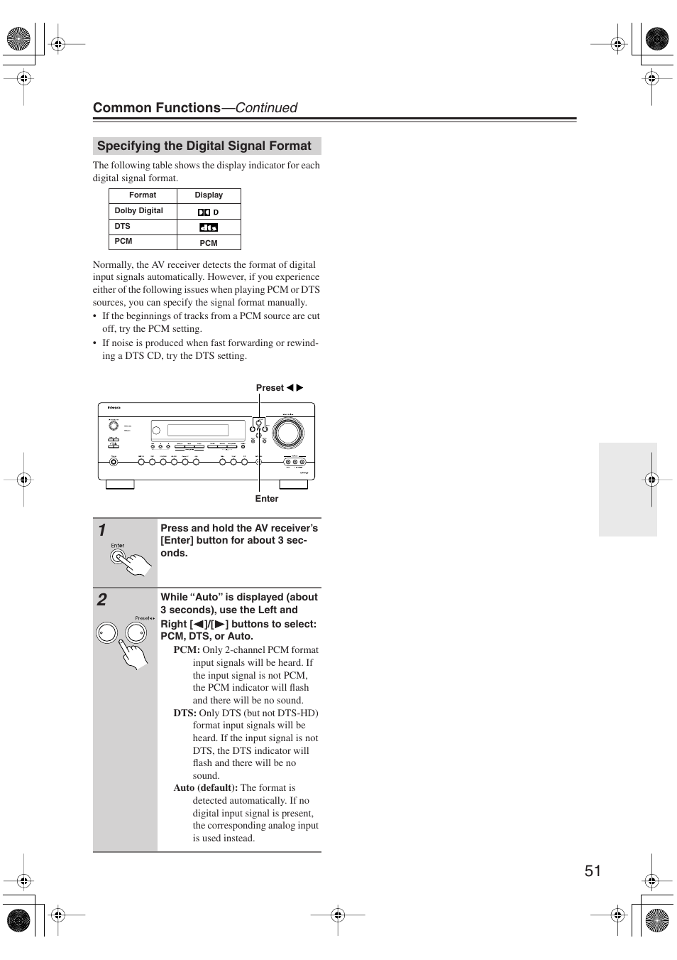 Specifying the digital signal format, S (51, Common functions —continued | Integra DTR-5.9 User Manual | Page 51 / 116