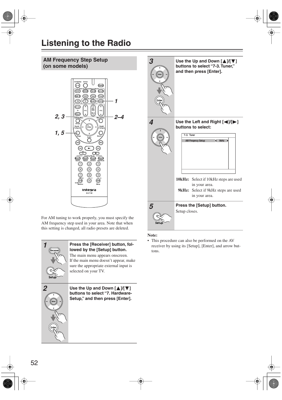 Listening to the radio, Am frequency step setup (on some models), Am frequency step setup | On some models) | Integra DTR-5.9 User Manual | Page 52 / 116