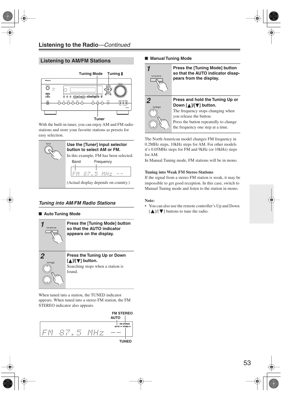 Listening to am/fm stations, Utton (53), S (53) | Fm stereo (53), Tuned (53), Listening to the radio —continued | Integra DTR-5.9 User Manual | Page 53 / 116