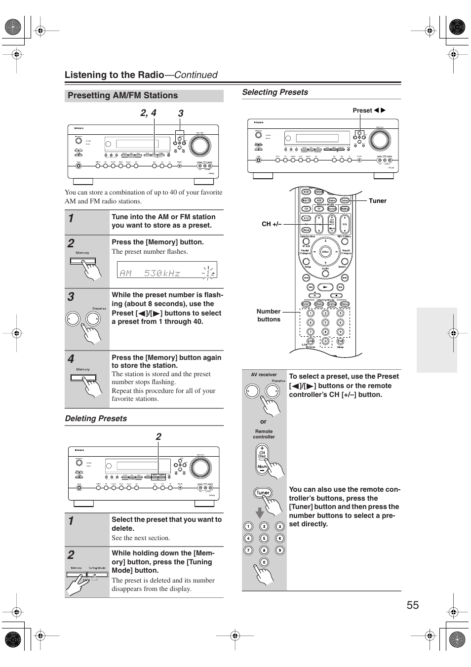 Presetting am/fm stations, Utton (55) | Integra DTR-5.9 User Manual | Page 55 / 116